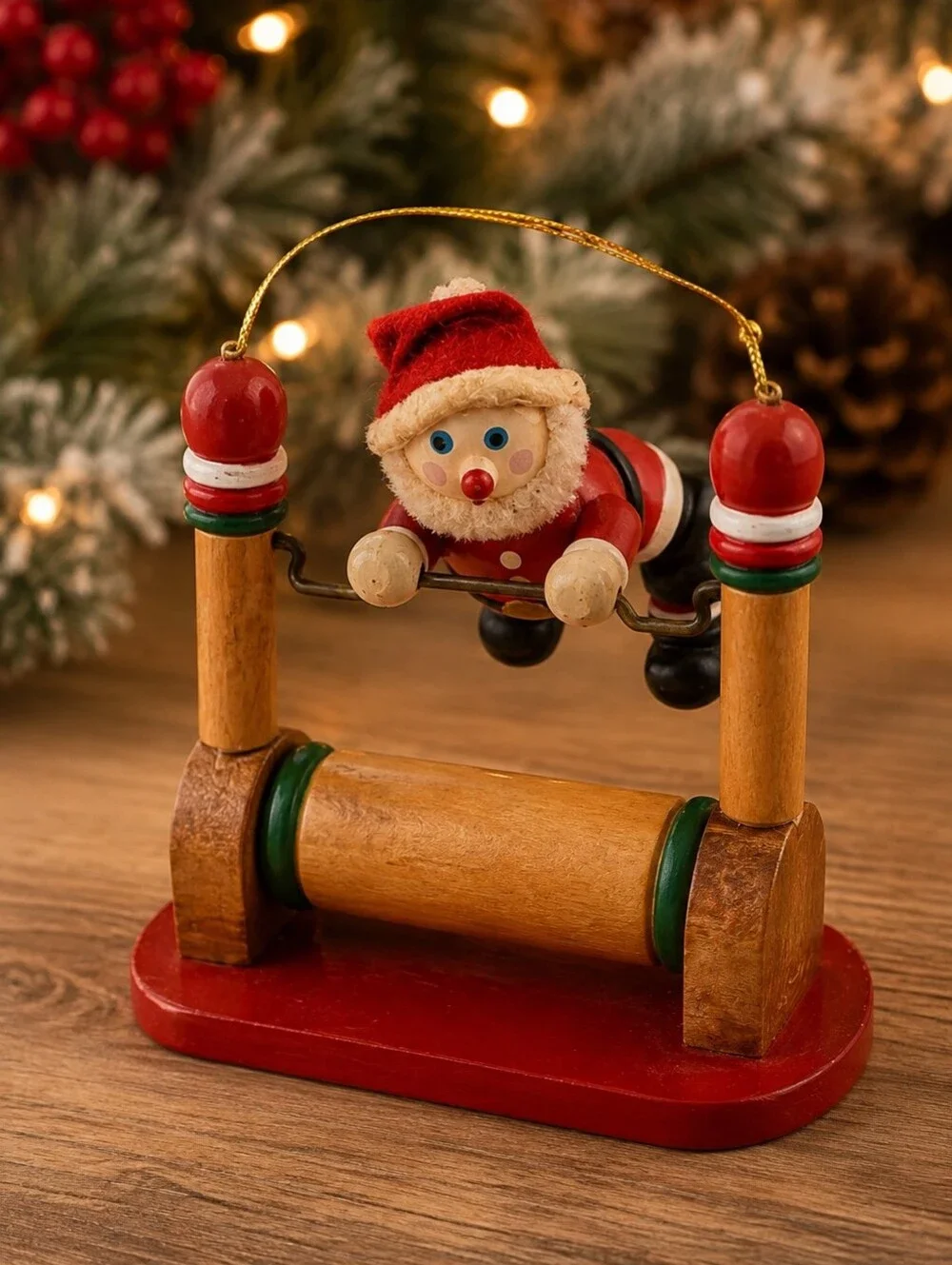 Santa Gymnastics Horizontal Bar Wooden Christmas Ornament Gymnast Holiday
